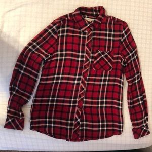 Red, white and black plaid flannel shirt